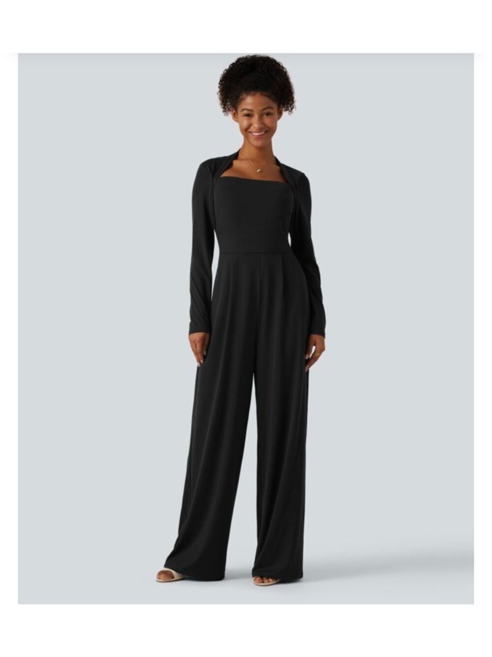 Halara L Black Long Sleeve Easy Peezy Wide-Leg Jumpsuit Size L Designed